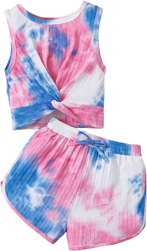 Milumia Girl's 2 Piece Outfits Tie Dye Twist Hem Crew Neck Tank Top and Track Shorts Set