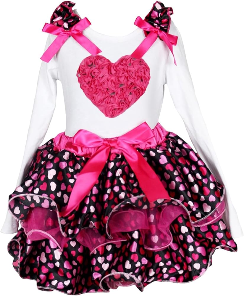 Valentine Dress Floral Heart L/s Shirt Hot Pink Hearts Petal Skirt Set 1-8y