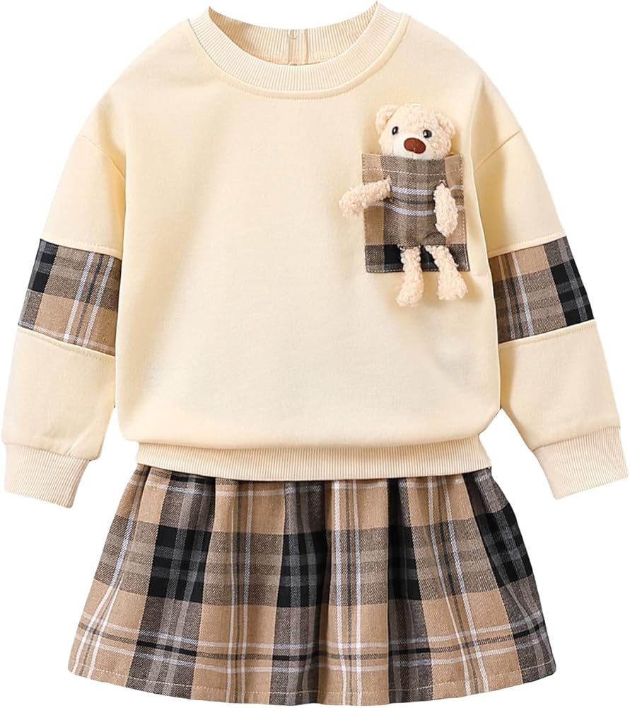 OYOANGLE Girl's 2 Piece Bear Patched Plaid Print Long Sleeve Sweatshirt and Pleated Short Skirt Set