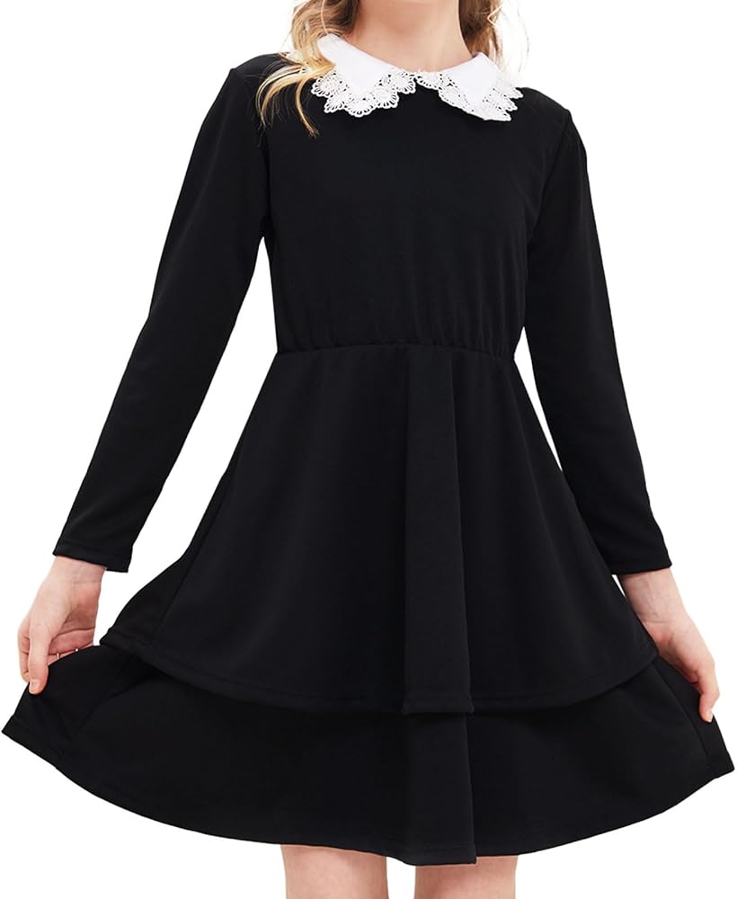 Long Sleeve Girls Dresses 5-8 Years Peter Pan Lace Collar Skater Twirly A-Line Dress for School Party Dress with Socks