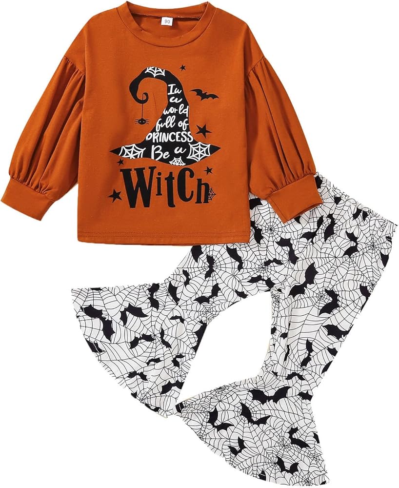 Toddler Kids Girls Outfit Halloween Letters Prints Long Sleeves Tops Bat Ptints Pants 2pcs Set Outfits Girl