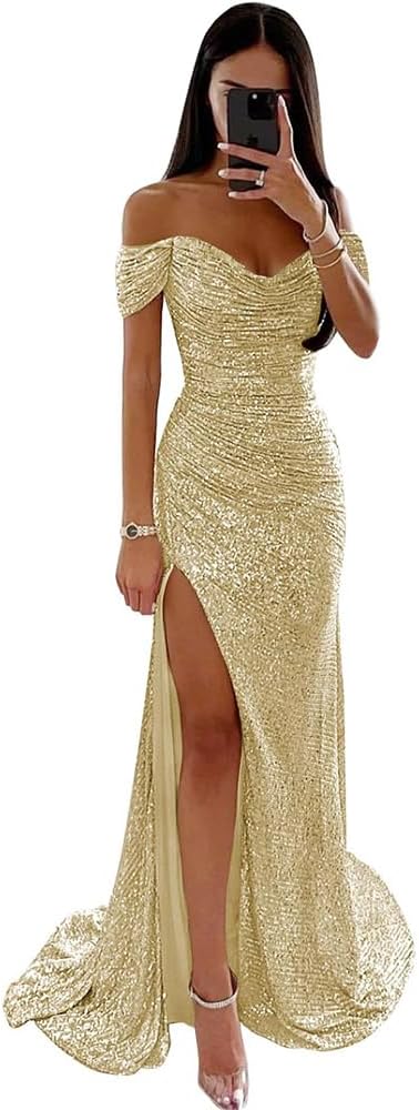 Off Shoulder Prom Dresses 2024 Mermaid Sequined Long Formal Gowns and Evening Dresses with Side Slit