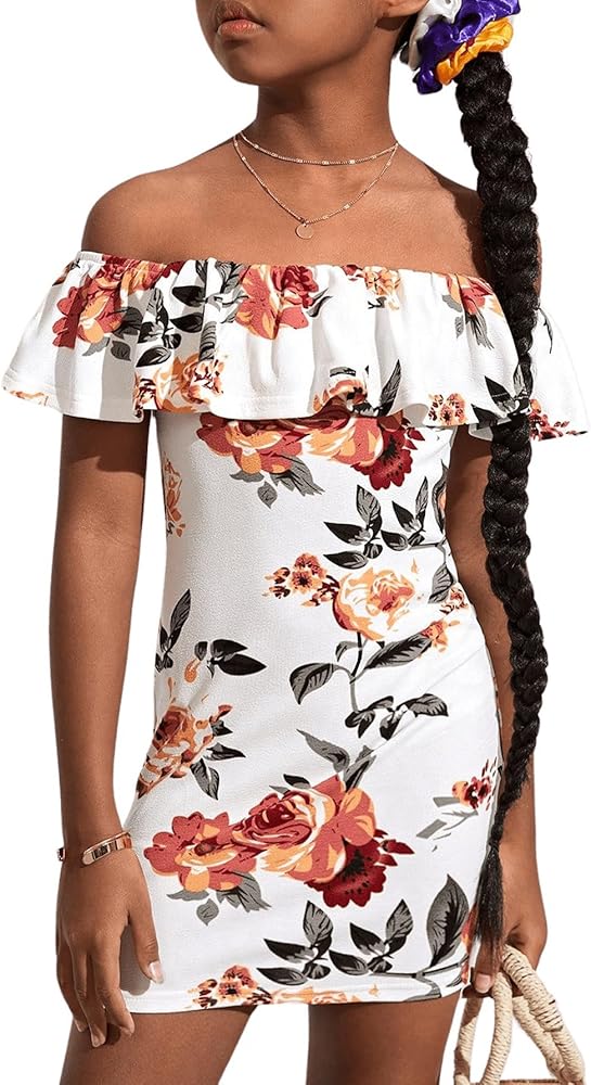 SHENHE Girl's Floral Off The Shoulder Bodycon Dress Ruffle Short Sleeve Summer Mini Dress