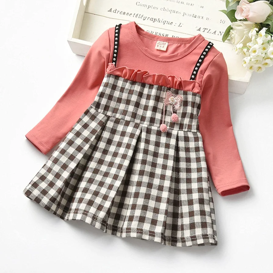 Autumn Studded Plaid Long Sleeves Kids Girls Dress Girls lace Princess Dress Dress 120cm Willow Nails Fake Two Pieces of Rose red