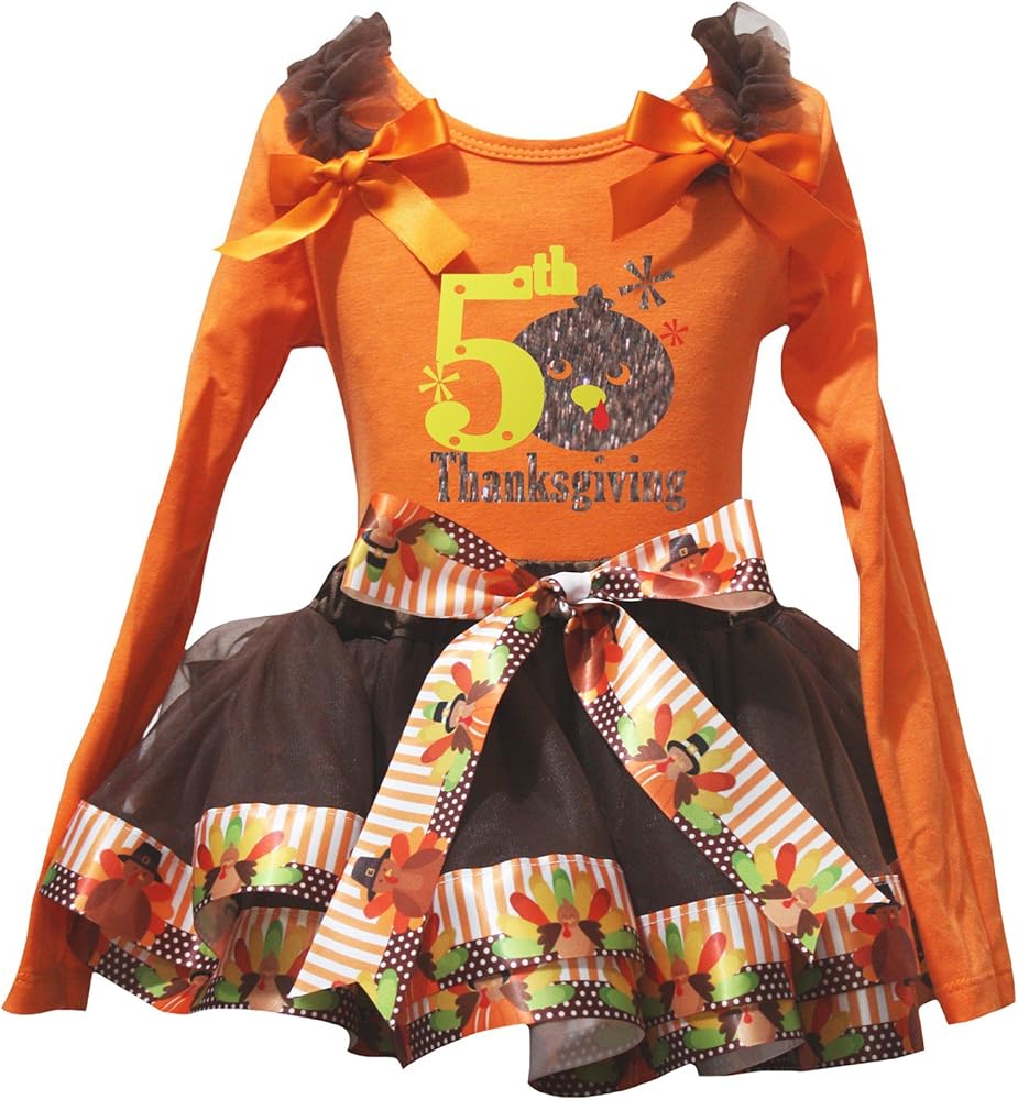 Petitebella Turkey Thanksgiving Orange L/S Shirt Brown Turkey Petal Skirt Nb-8y