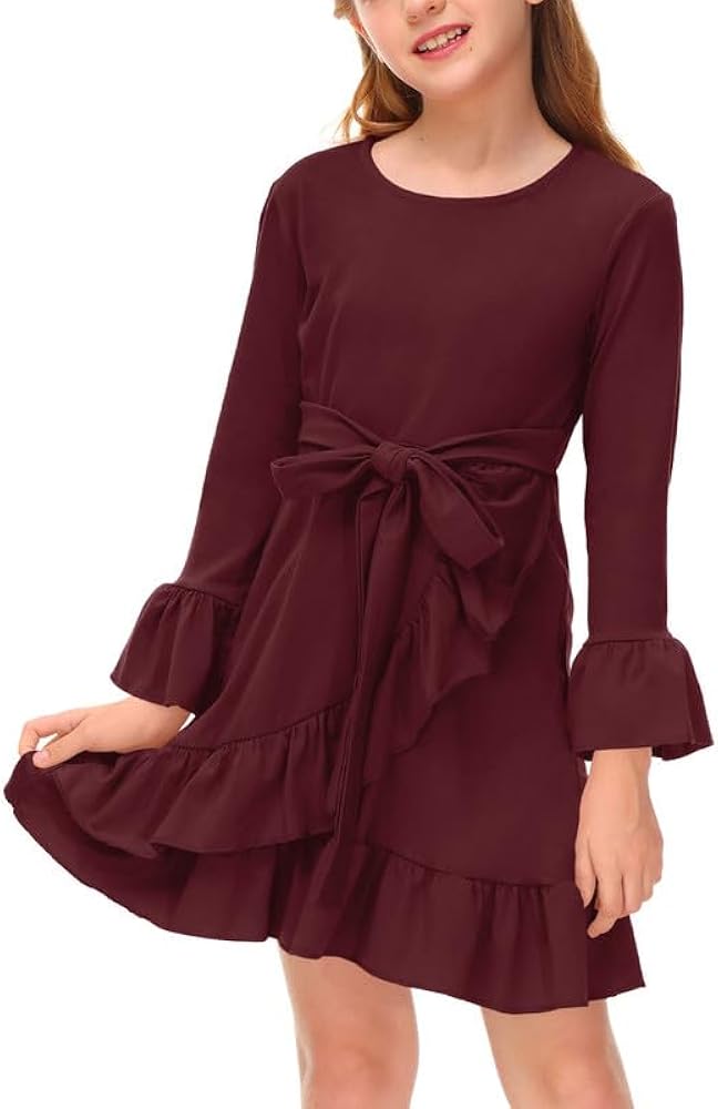 BesserBay Girls Ruffle Trim Bell Sleeve Tie Waist Fall Midi Fall Dress 4-14 Years