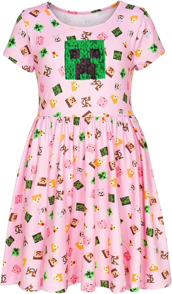 Minecraft Girl's Dress with Creeper Sequins for Little and Big Girls 4-16, Pink, Small