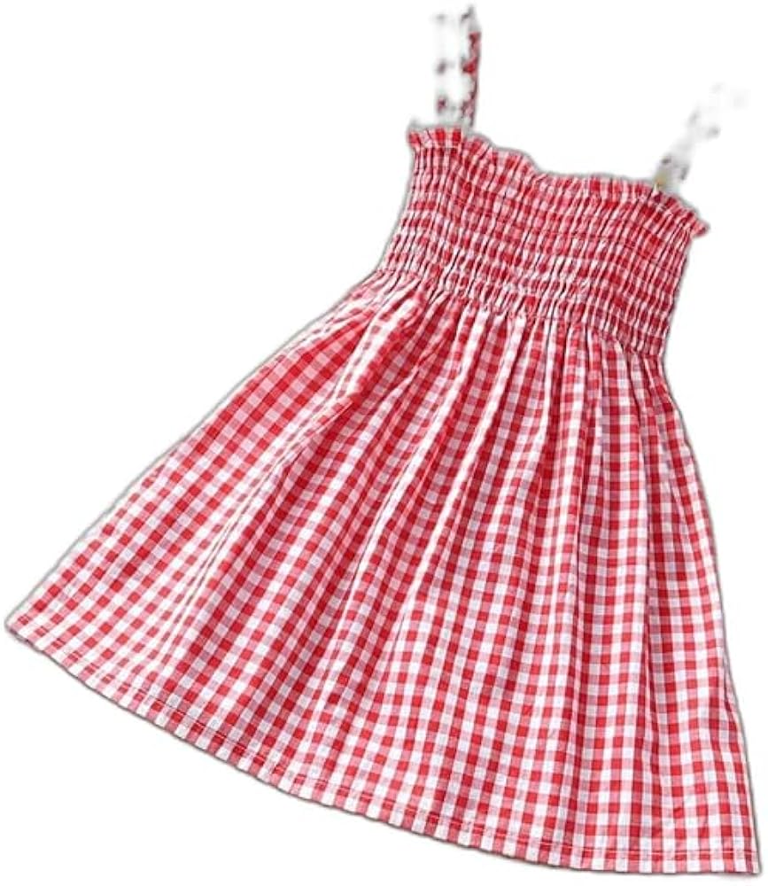 Kids Little Girls' Dress Check Causal Print Blue Red Cotton Above Knee Sleeveless