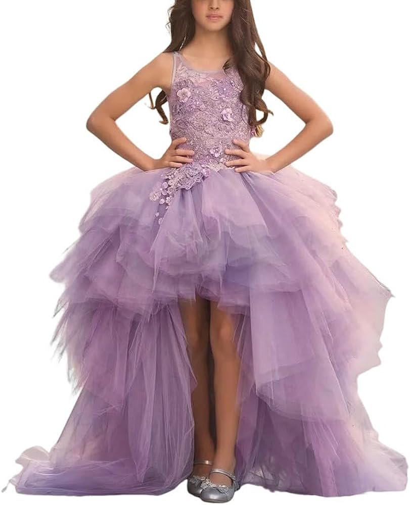 Girl's Lace Flower Girl Dress High Low Pageant Dresses Tiered Tulle Appliques Princess Party Ball Gown