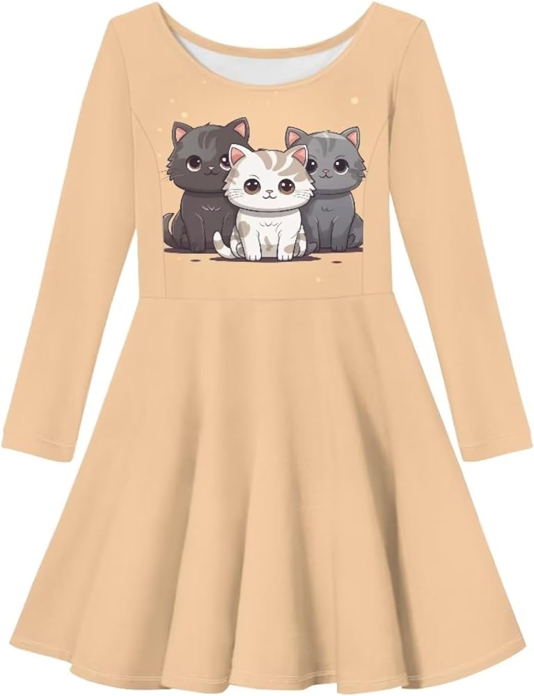 ZFRXIGN Cat Girls Uniform Dress 7-8 Years Toddler Kids Dress Cute Cartoon Kitten Skater Long Sleeve Flowy Midi Dress High Waisted Shirt A-Line Twirly Dress Fall Outfits Beige