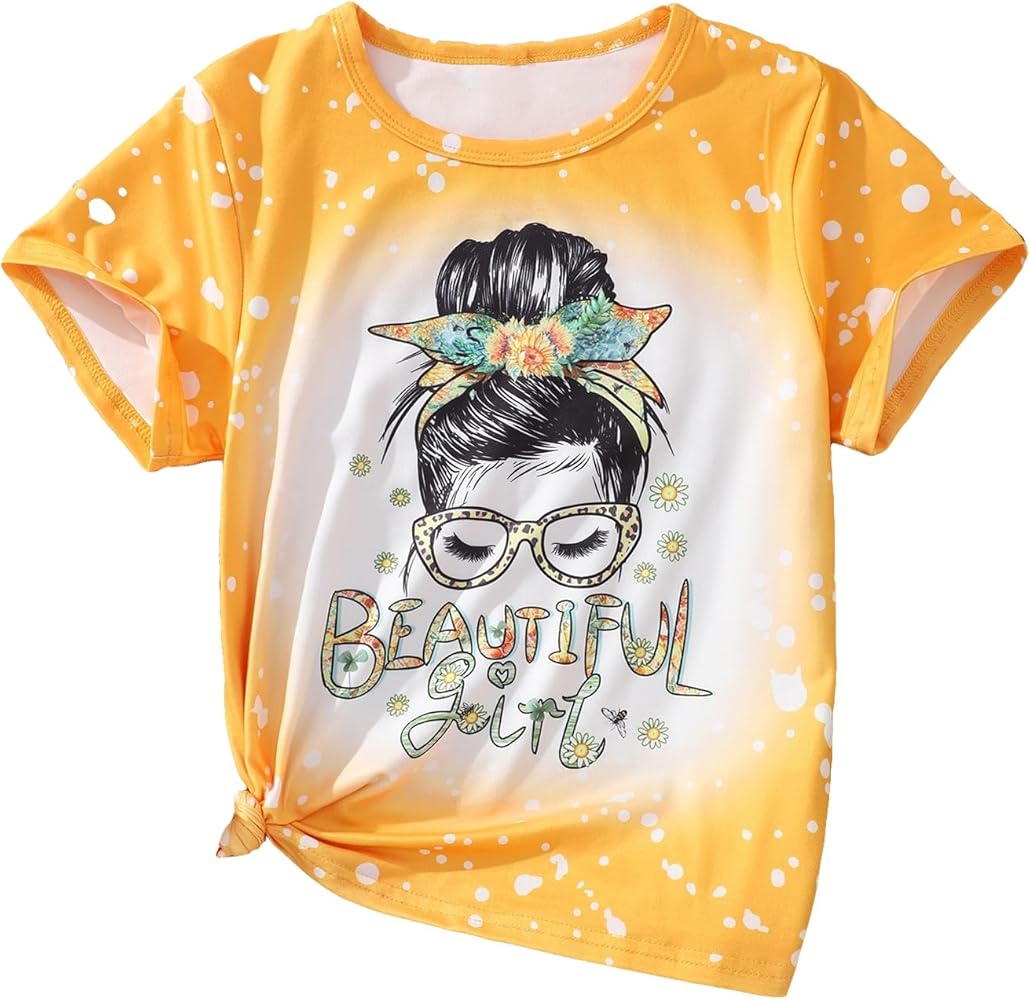 SHENHE Girl's Graphic Tie Dye T Shirts Short Sleeve Round Neck Tee Shirt Tops