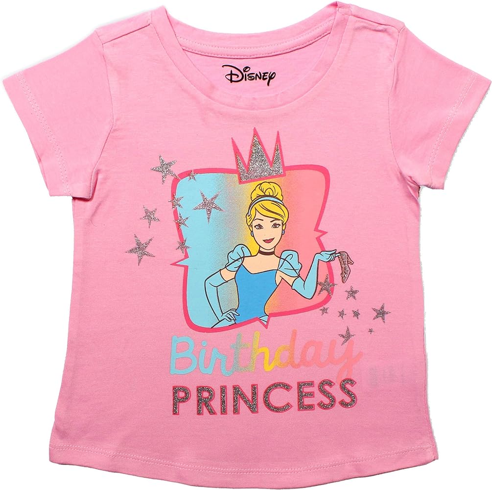 Disney Princess Girl's Birthday Blouse Tee Shirt, Scoop Neck, Cinderella/Rapunzel/Ariel Little Mermaid/Belle Sleeping Beauty