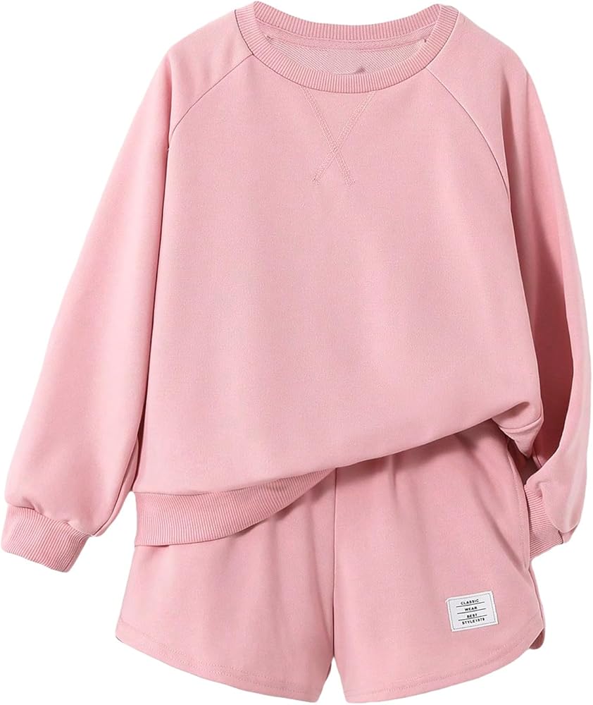 Verdusa Girl's 2 Piece Outfit Long Sleeve Sweatshirt and Shorts Tracksuit Sets