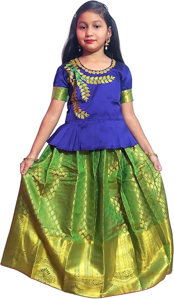 Kids Girls Pattu Pavadai | Lehenga Choli Set South Indian Traditional Wide Zari Embroidered Ethnic Wear 1-10 Years