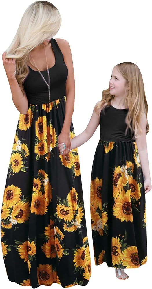 EFOFEI Mommy and Me Matching Maxi Dresses Sleeveless Floral Printed Family Matching Outfits