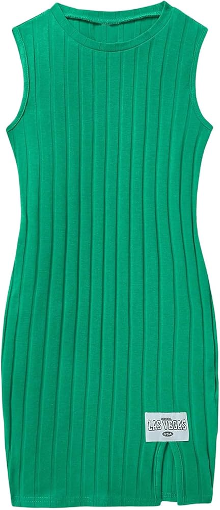 Verdusa Girl's Tween Girl Letter Patched Detail Split Hem Sleeveless Dress Green 9Y