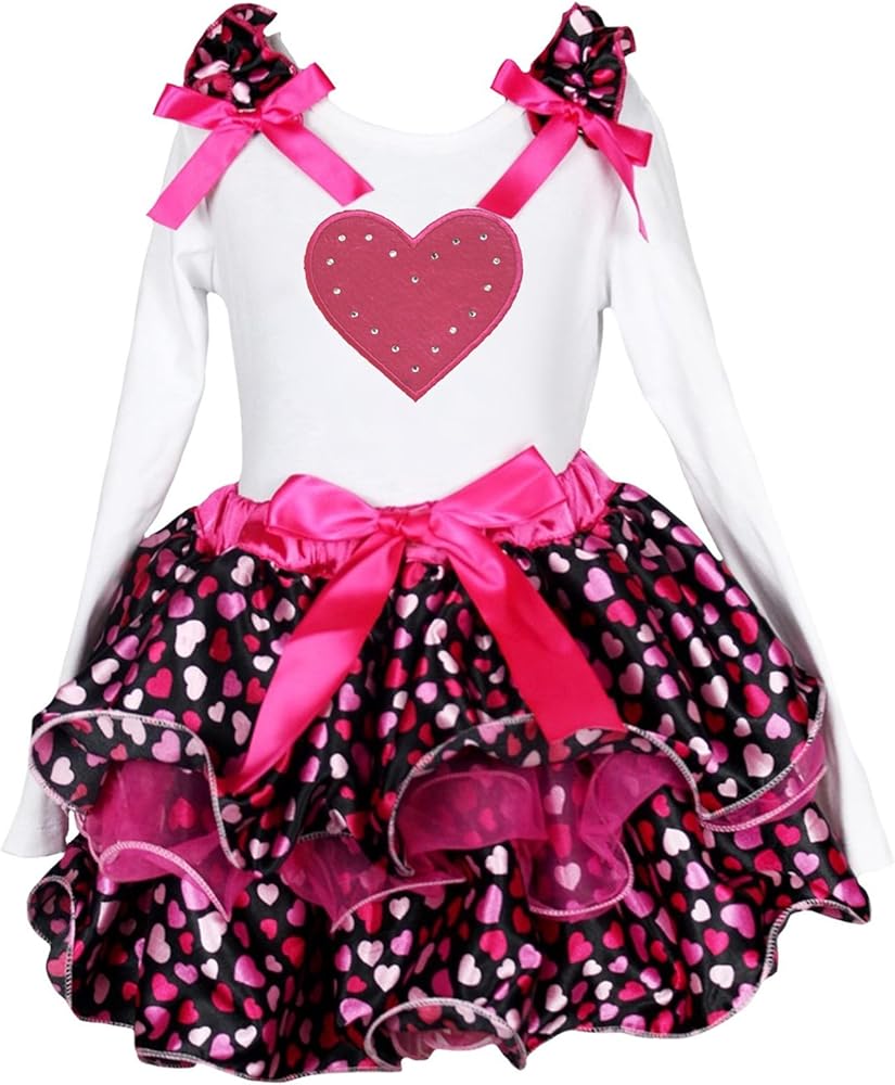 Valentine Dress Heart White L/s Shirt Hot Pink Hearts Petal Skirt Set 1-8y