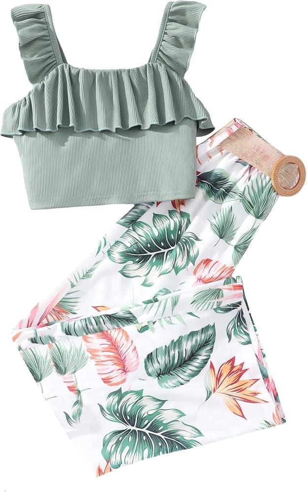 Milumia Girl's 2 Piece Rib Knit Ruffle Trim Crop Tank Top and Tropical Print Pants Clothing Set