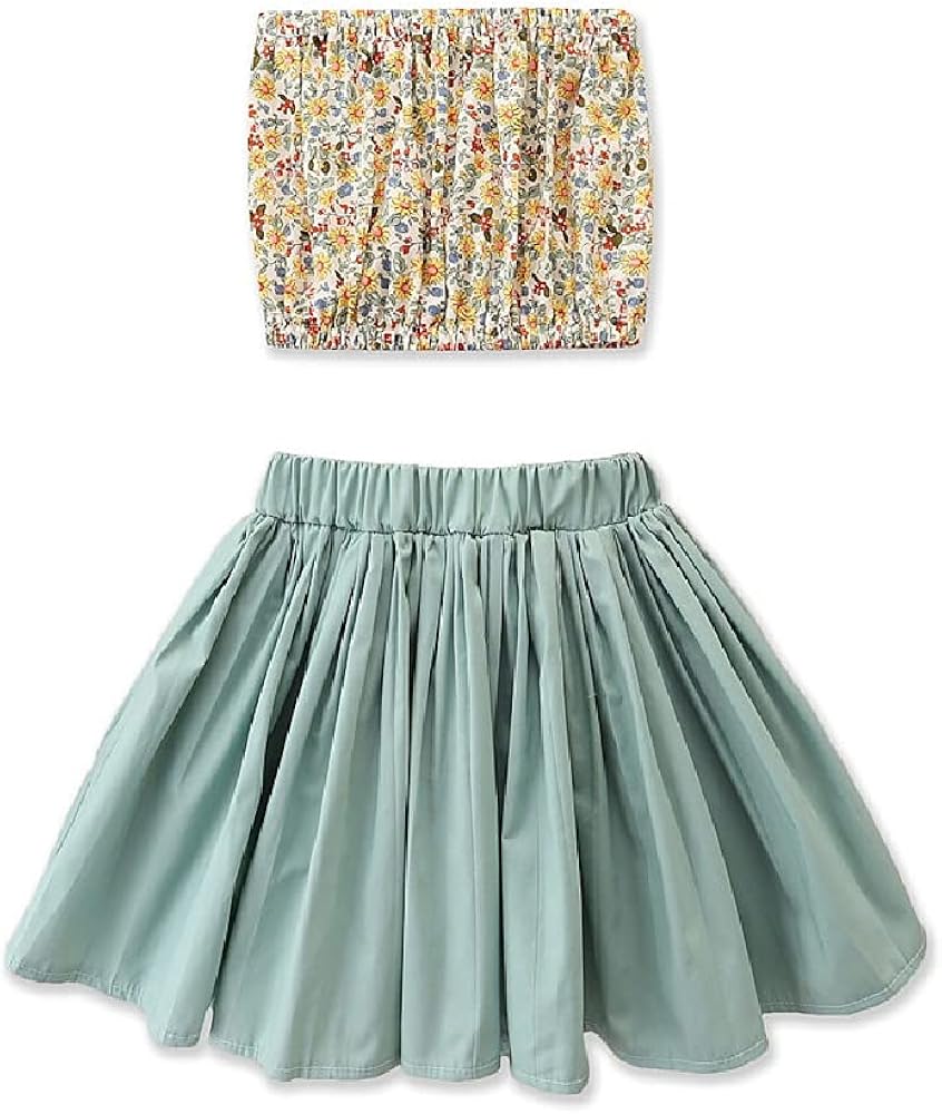 Quenny girls' suit,new summer girls' floral wrap tops and pleated skirt two-piece suits.