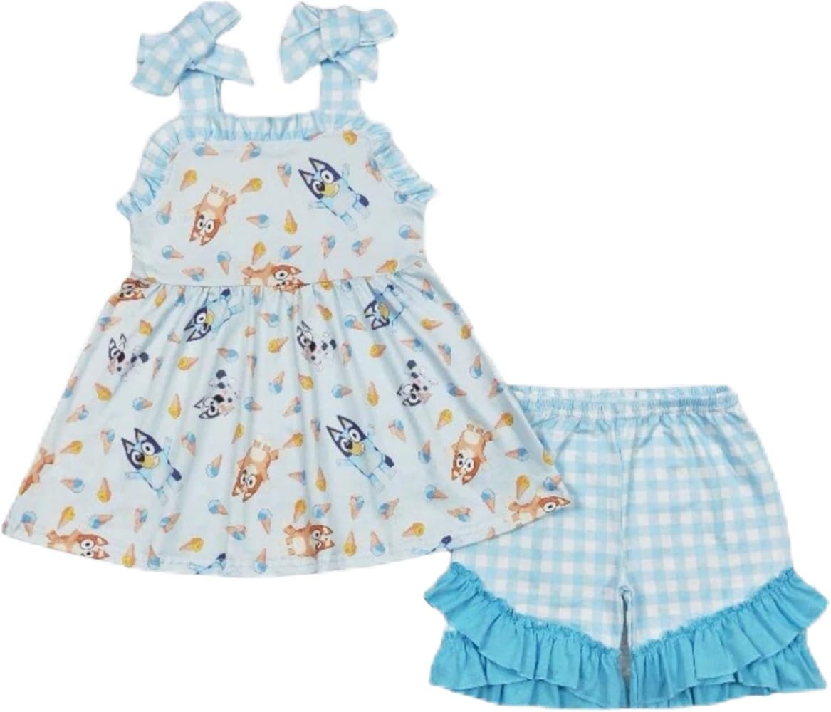 Blue Cartoon Girls Ruffle Shorts And Tunic 3T