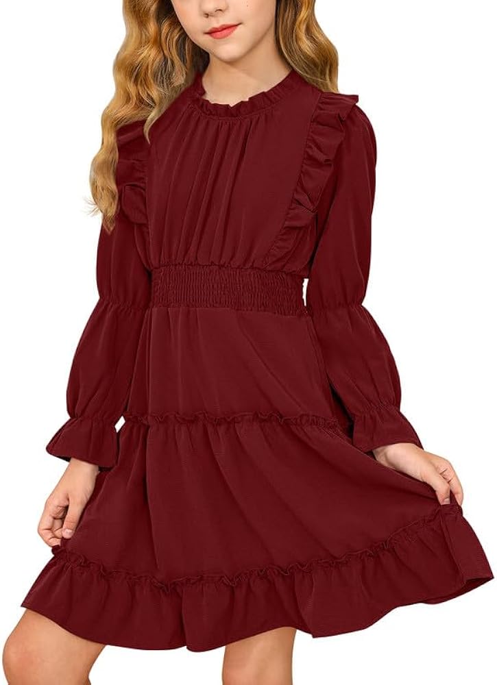 BesserBay Girl's Fall Long Puff Sleeve Tiered Dress Smocked Pleated Ruffle Trim Outfits Dress 5-14 Years