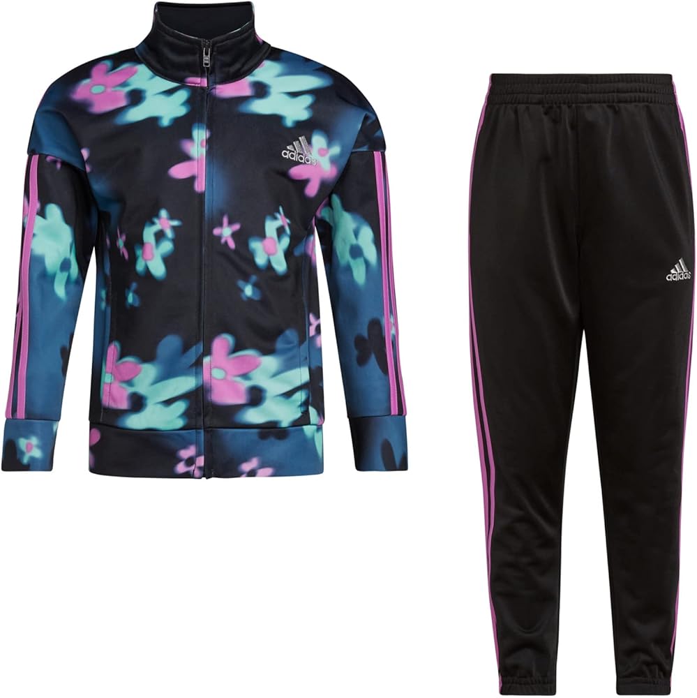 adidas girls Zip Front Classic Tricot Jacket and Joggers Set (6X, Black With Purple Tint)