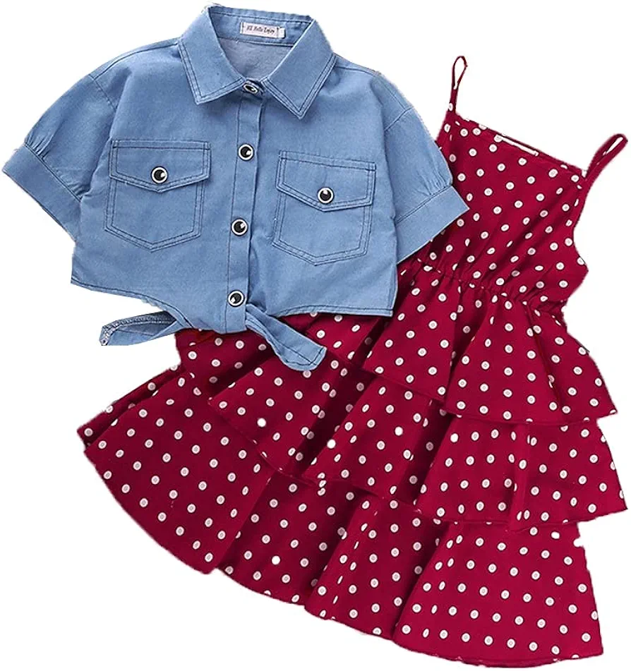 Toddler Girl Summer Clothes Denim Blouse Top Shirt + Polka Dot Toddler Girl Dresses Set Girl 2 Piece Outfits (Color : Red, Size : 7-8 Years)