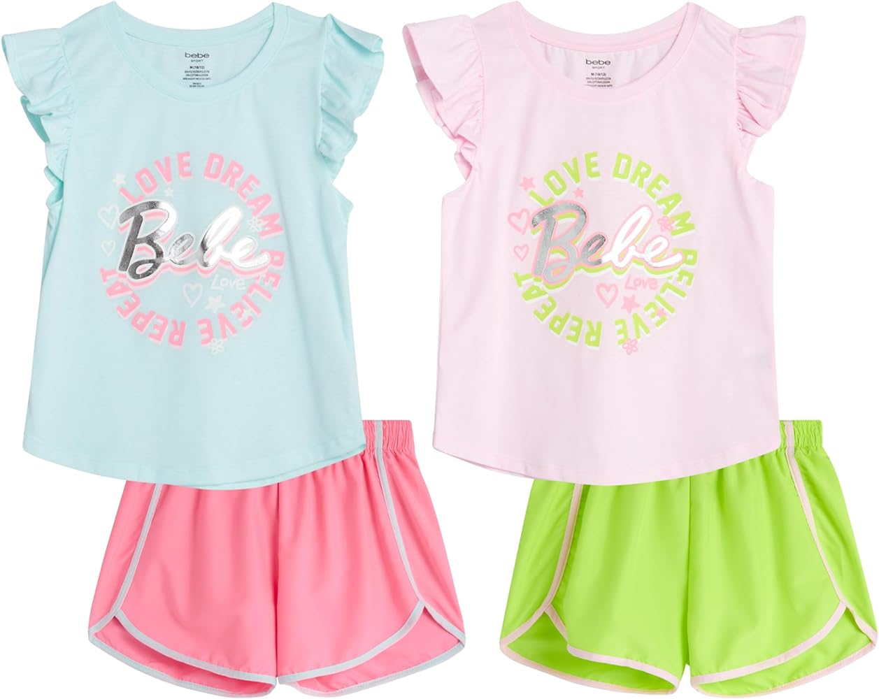 bebe Girls' Active Short Set - 4 Piece Fashion Tank Top and Woven Dolphin Gym Shorts - Cute Summer Outfit for Girls (7-12)