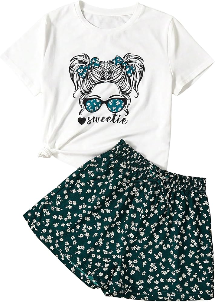 OYOANGLE Girl's 2 Piece Outfits Short Sleeve Graphic T-Shirt and Ditsy Floral Print Summer Shorts Set