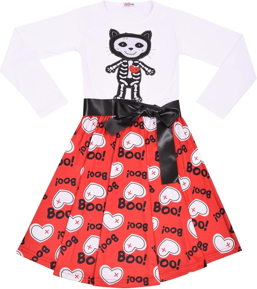 A2Z Kids Girls Skater Dress Long Sleeves White Panelled Cat Skeleton Print Soft Comfortable Halloween Party Fashion Dresses