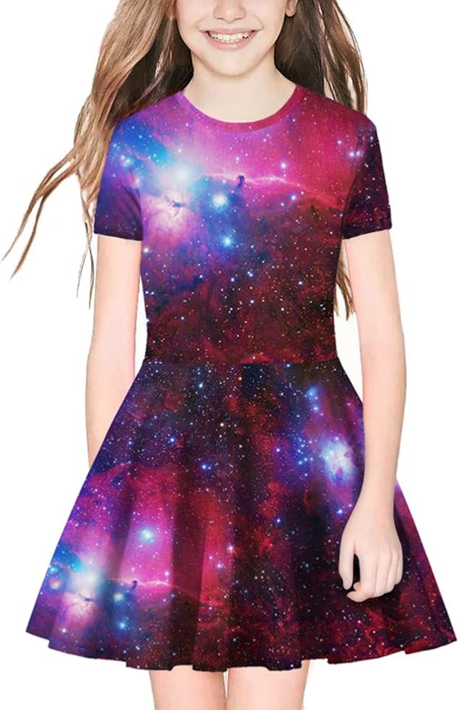 Girl's Dress 3D Galaxy Print Short Sleeve Swing Skirt Casual Kids Party Dress 8-11Y