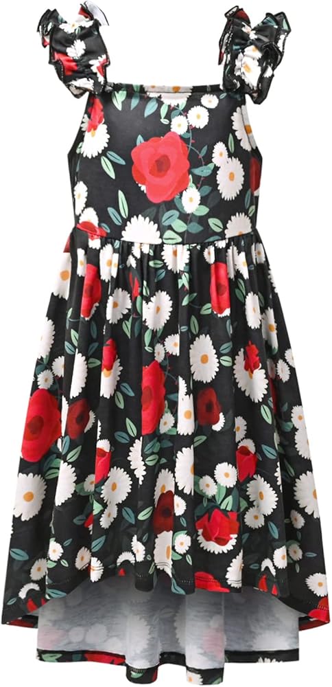 Jxstar Girls Floral Dress High Low Summer Flutter Sleeve Sun Dresses Swing Midi Clothes