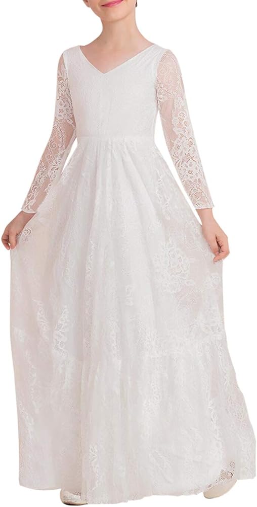 Fancy Ivory White A-line Lace Flower Girl Dress Boho First Communion Gowns