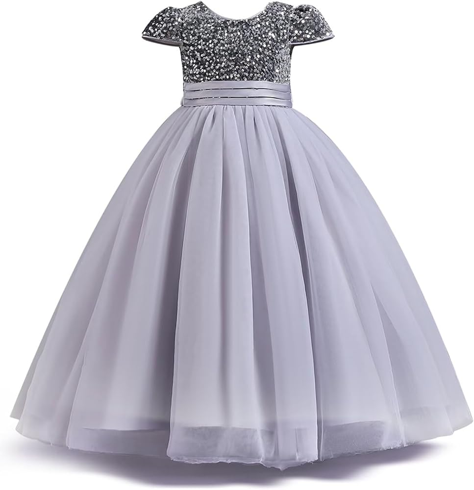 Girls Sequin Dress Flower Girls Dress V-Back Wedding Pageant Maxi Dresses Lace Party Ball Grown with Bow-Knot