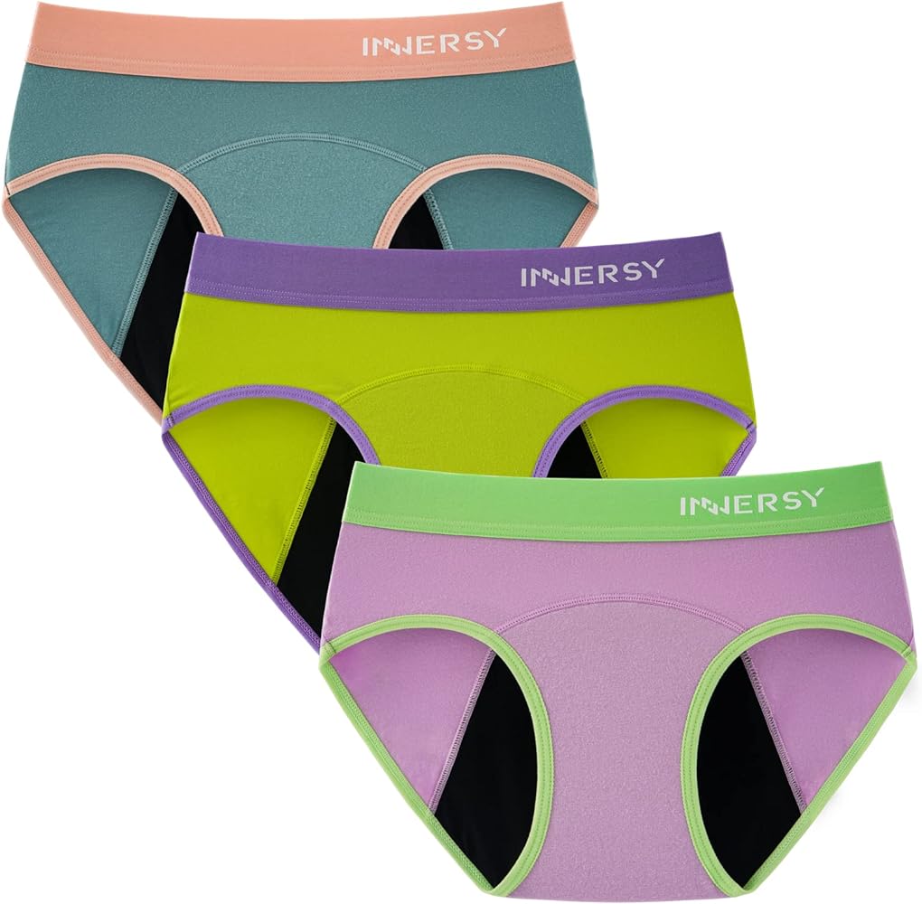 INNERSY Teen Girls' Period Panties Age 8-16 Cotton Menstrual Hipster Underwear 3-Pack