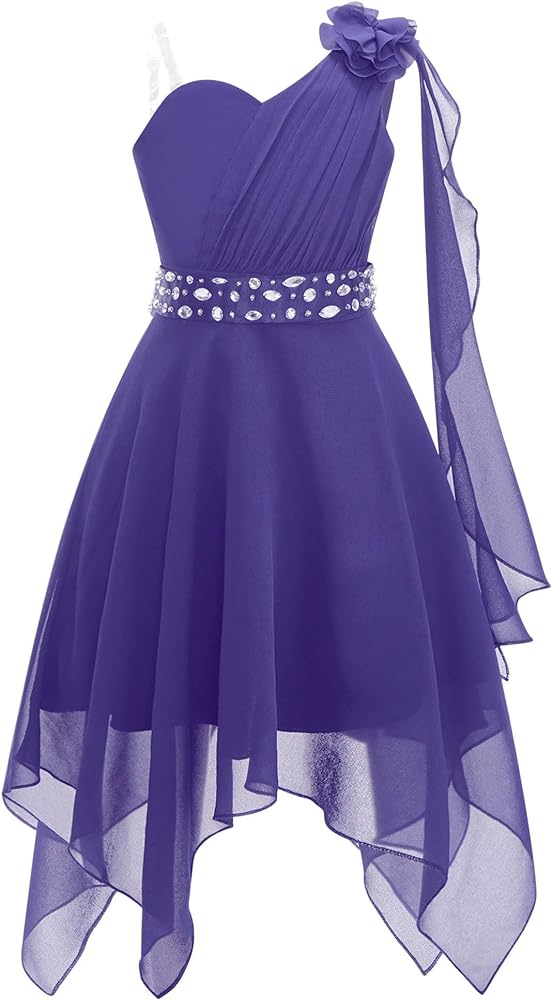 CHICTRY Girls One Shoulder 3D Applique Chiffon Dress Prom Party Wedding Flower Girls High Low Dress Purple 14 Years