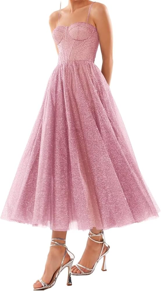 Cudiew Glitter Tulle Tea Length Prom Dress for Teens A Line Formal Evening Party Gowns