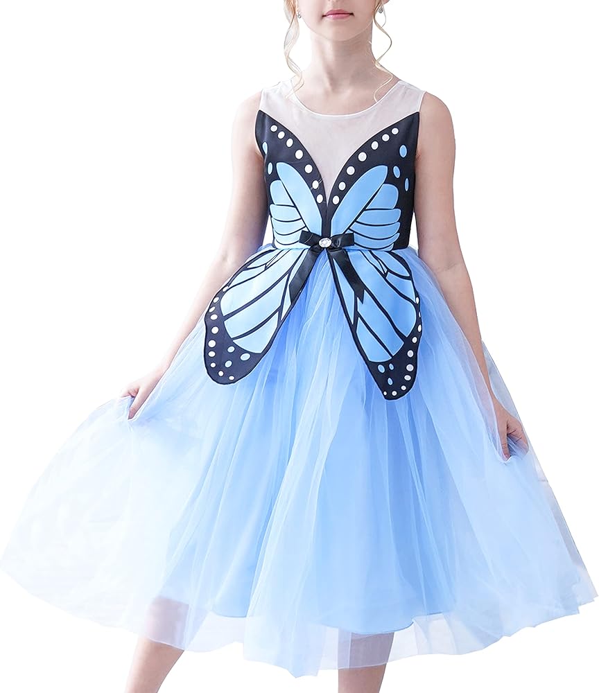 Sunny Fashion Girls Dress Blue Butterfly Embroidery Tulle Party Sleeveless Backless