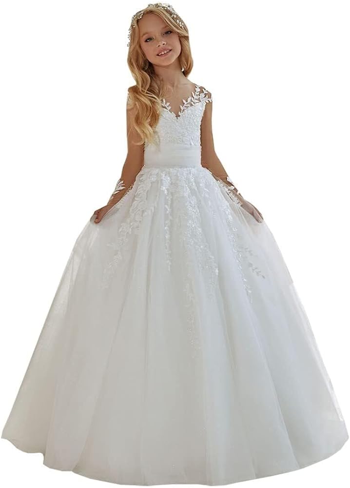 Girls Lace Appliques Long Flower Girl Dress Long Sleeves Wedding Dress Puffy Tulle White Pageant Dress