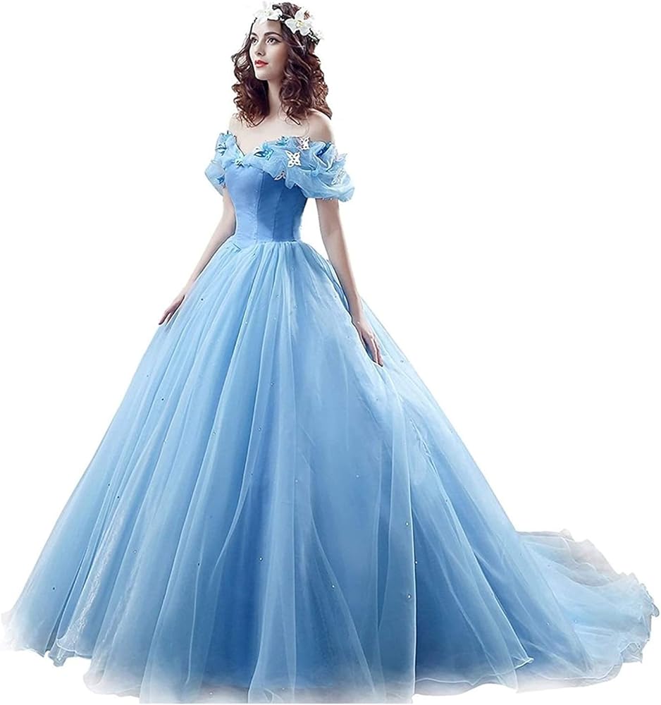 2024 Blue Ball Gown Prom Dress New Movie Princess Cinderella Cosplay Dress Off The Shoulder Organza Long Prom Gown Prom Dress