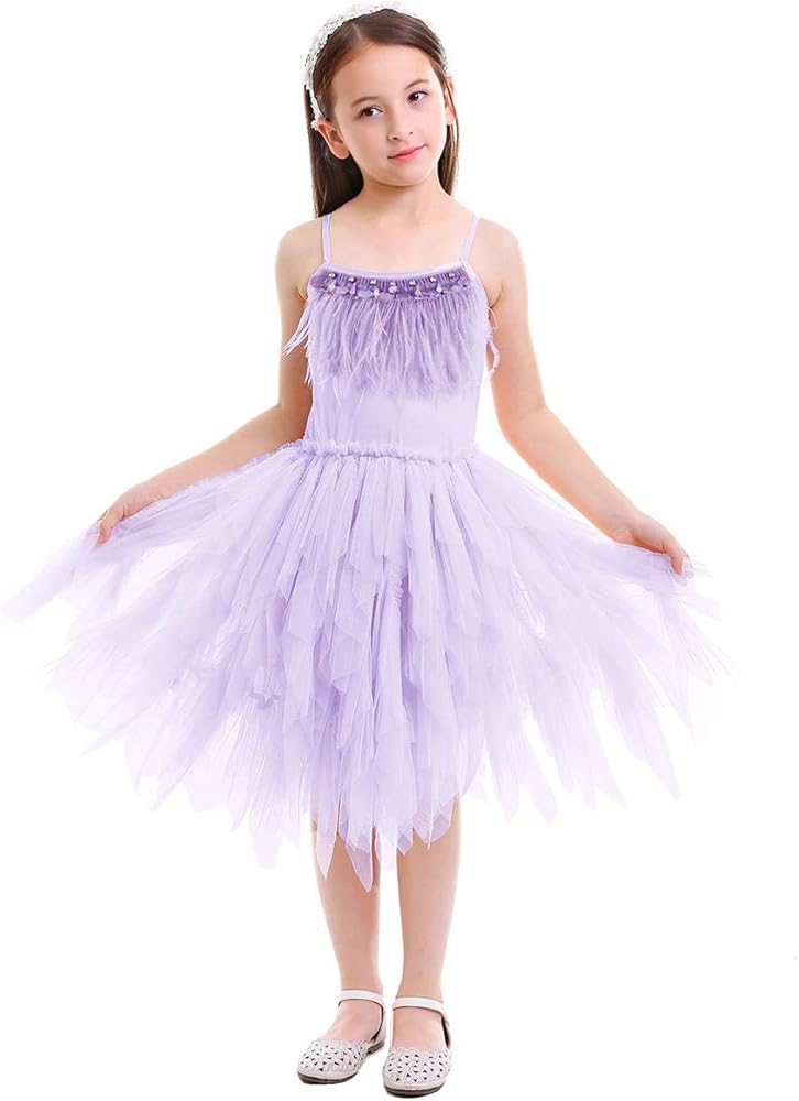 OBEEII Little Girl Swan Princess Feather Fringes Tutu Dress Pageant Party Wedding Dance Formal Photo Prop Short Tiered Gown