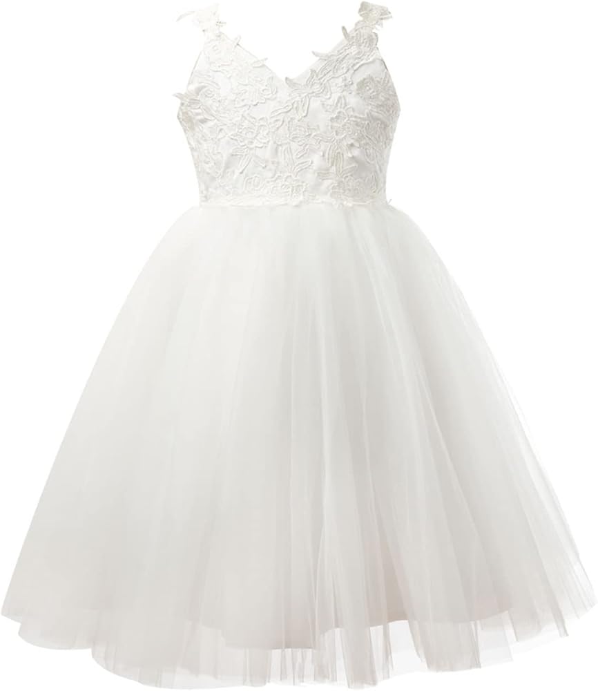 PLUVIOPHILY Ivory Lace Tulle Backless Wedding Flower Girl Dress Junior Bridesmaid Dress