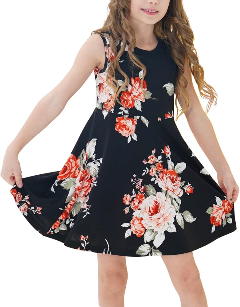 Girls Summer Dress Cute Sleeveless Soild Color Ruffle Hemline Swing A-line Sundress