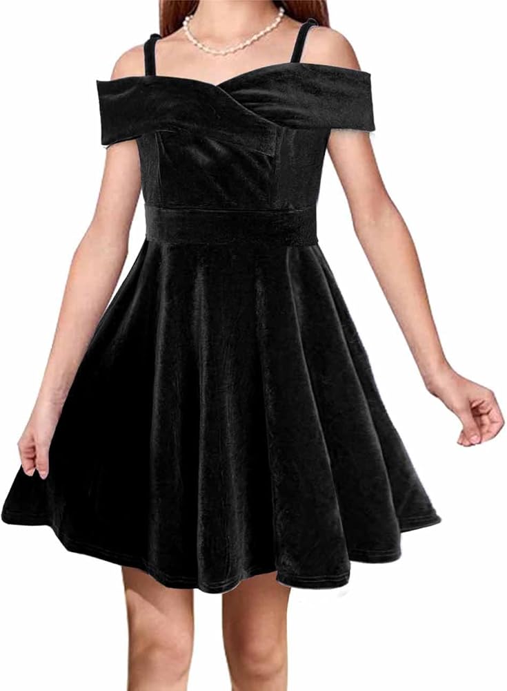 Teen Girls Princess Dresses Velvet Elegant Cold Shoulder A-line Swing Party Dress for Kids,8-14 Years