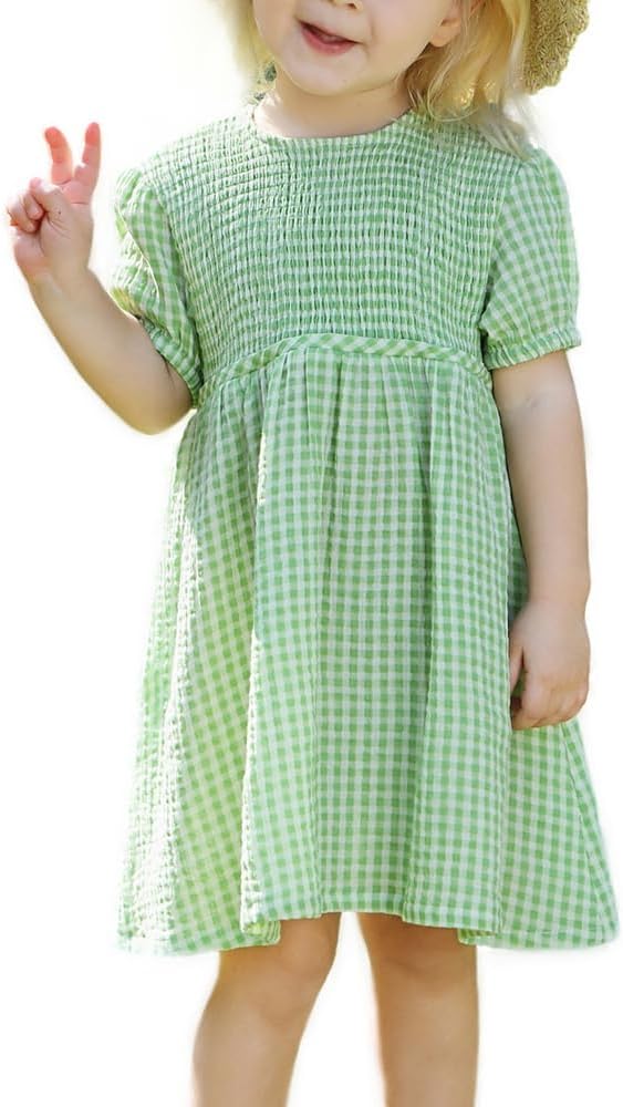 Gingham Toddler Girls Dress Muslin Cotton Girls Smocked Dress Puff Sleeve Summer Casual Little Girls Dresses