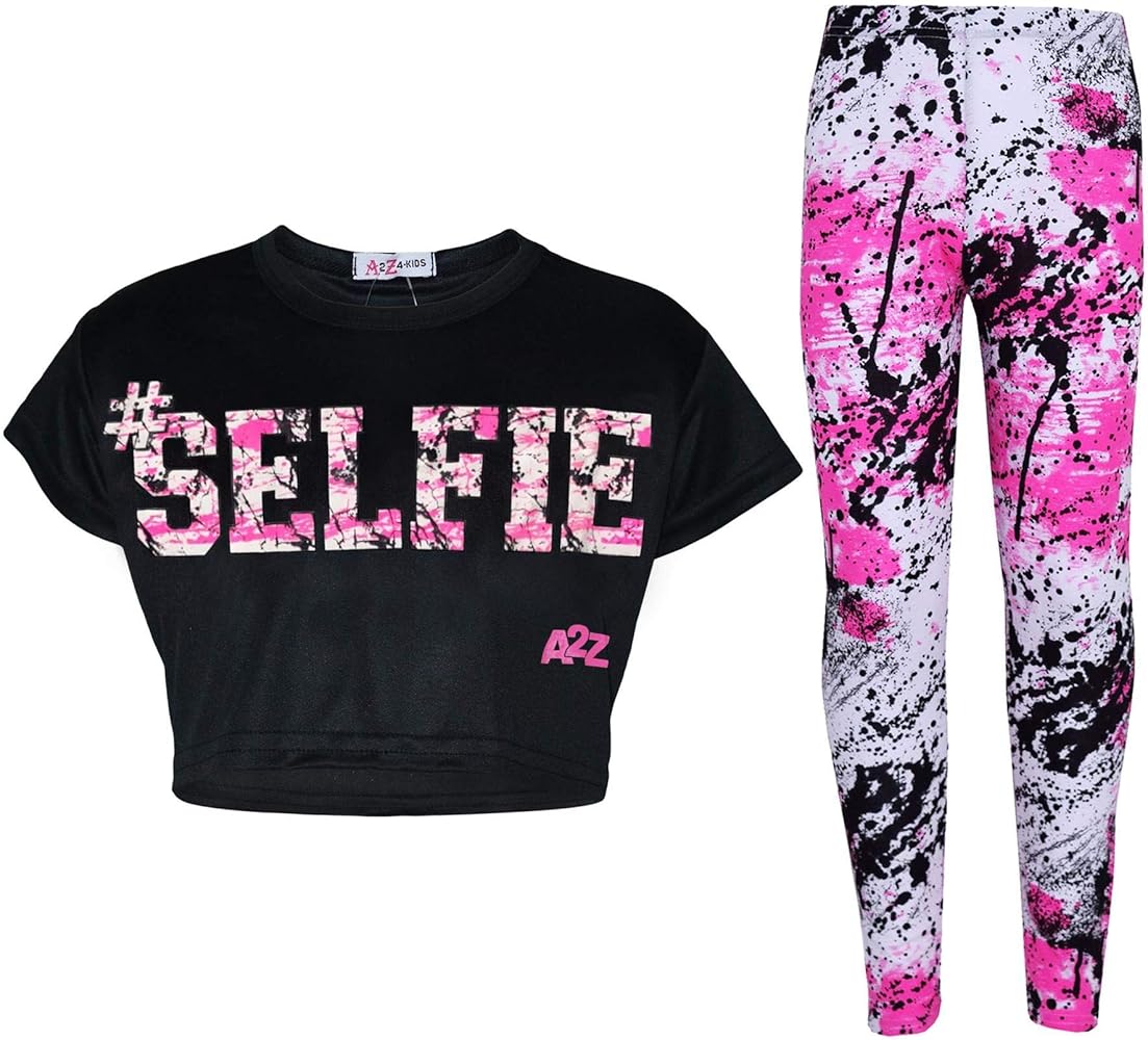 A2Z 4 Kids Girls #SELFIE Print Black Crop Top Short Sleeves T Shirt And Splash Print Fashion Leggings Set Age 5-13 Years