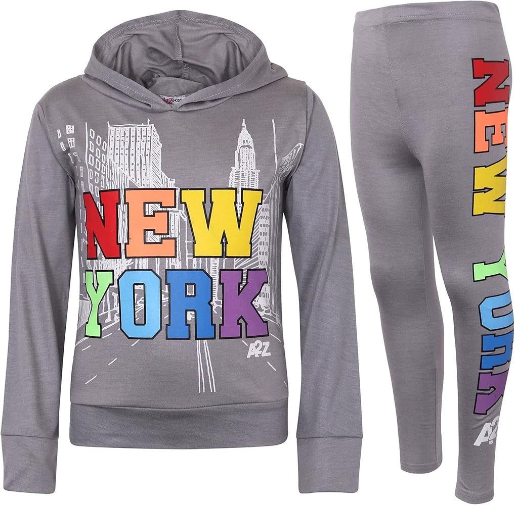 Steel Grey New York Hooded Set Long Sleeve Hood Top Matching Leggings 2 Piece Summer Outfit Girls 5-13