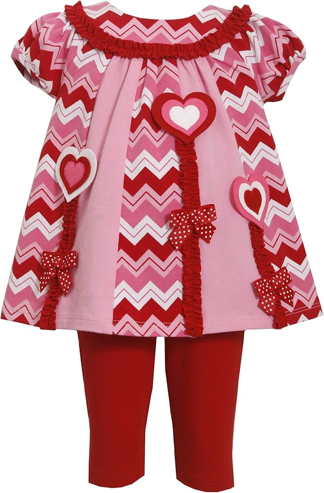 Bonnie Jean Girls Valentine Heart Chevron Dress Legging Outfit, Red Pink, 0-3m - 6x