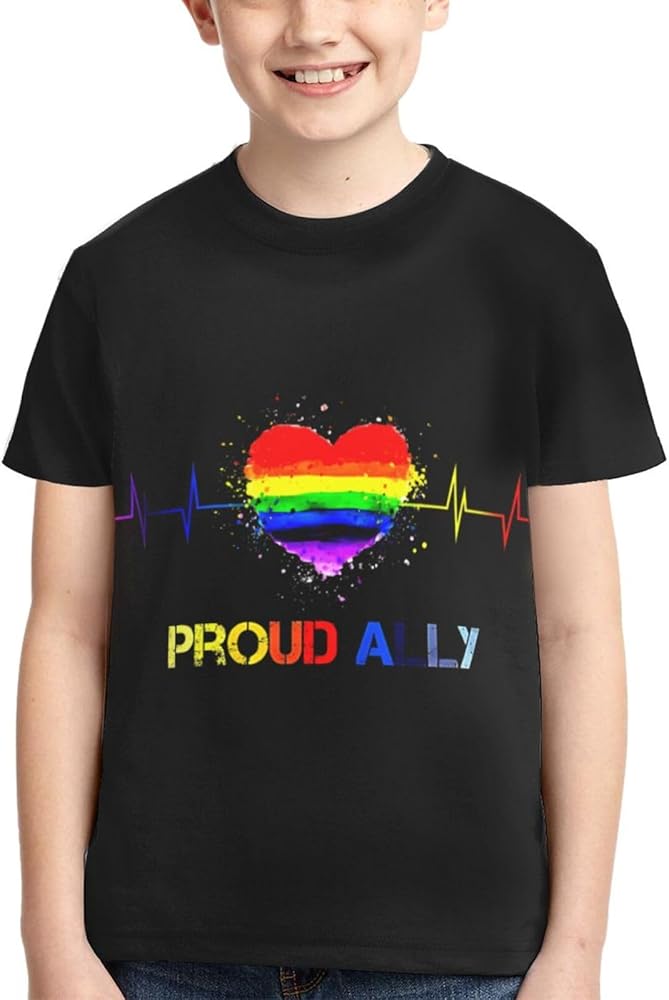 Proud Ally LGBT Rainbow Heart Gay Pride Boys Girls Shirts Kids Short Sleeve Classic Crewneck Top Tee