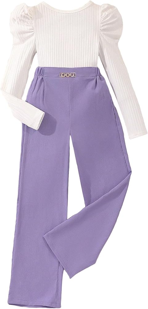 OYOANGLE Girl's 2 Piece Outfits Rib Knit Long Puff Sleeve Tee Top and Wide Leg Pants Set Jumpsuit